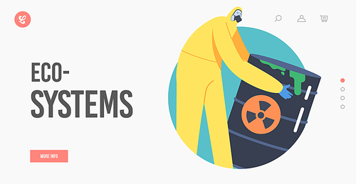 Eco System Landing Page Template. Ocean Oil Pollution, Ecological Catastrophe Concept. Character in Protective Suit and Gas Mask with Toxic Petrolium Wastes Barrel. Cartoon People Vector Illustration