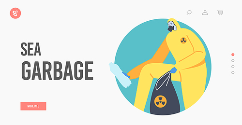 Sea Garbage Landing Page Template. Ocean Oil Pollution, Character in Protective Suit and Mask with Toxic Wastes Sack. Ecological Catastrophe, Contamination Concept. Cartoon People Vector Illustration