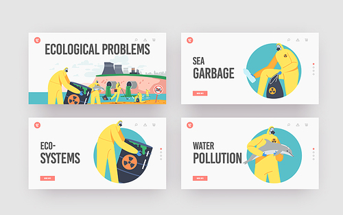 Ocean Oil Pollution Ecological Problem Landing Page Template Set. Characters in Protective Suits and Masks Clean Sea Beach Polluted with Toxic Barrels and Dead Fish. Cartoon People Vector Illustration