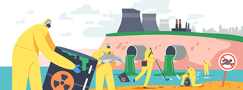 Ocean Oil Pollution, Ecological Catastrophe Concept. Characters in Protective Suits and Gas Masks Cleaning Sea Beach Polluted with Toxic Barrels, Catch Dead Fish. Cartoon People Vector Illustration