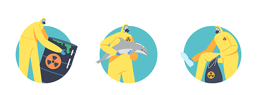 Set of Icons Ocean Oil Pollution, Ecological Catastrophe Concept. Characters in Protective Suits and Gas Masks with Toxic Barrel, Dead Dolphin and Garbage Sack. Cartoon People Vector Illustration