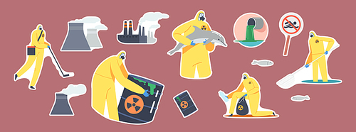 Set of Stickers Ocean Oil Pollution, Ecological Catastrophe. Factory Pipes, Characters in Protective Suits and Gas Masks Cleaning Sea Polluted Beach, Toxic Barrels. Cartoon People Vector Illustration