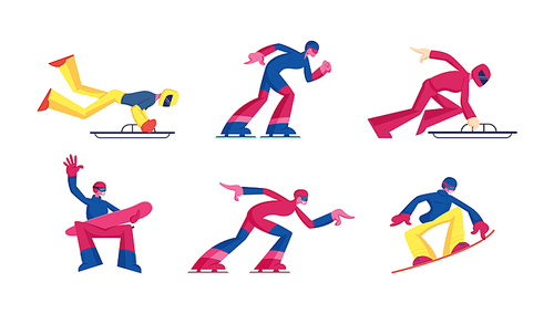 Set of Winter Sport Activities Skeleton, Skating and Snowboarding Competition. Professional Sportsmen in Uniform and Helmets Championship, International Tournament Cartoon Flat Vector Illustration