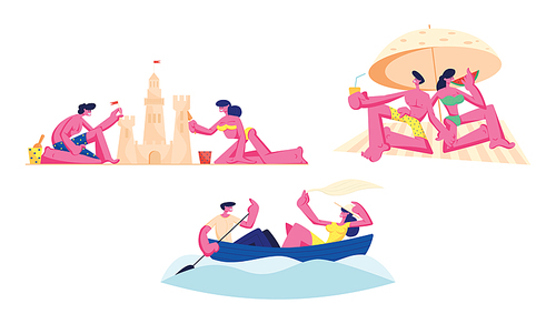 Set of Couple Man and Woman Floating Boat, Building Sand Castle, Relaxing on Beach with Cocktails. Male and Female Characters Summertime Vacation Loving People Sparetime. Cartoon Vector Illustration