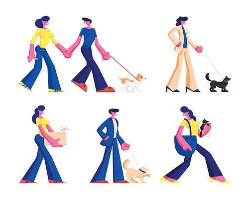 Set of People Spend Time with Pets. Male and Female Characters Walking and Playing with Dogs, Woman Carry Cat in Box. Leisure, Communication and Love, Care of Animals. Cartoon Vector Illustration