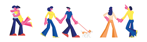 Set of Loving Couple Characters Romantic Relations. Man Holding Woman on Hands, Hugging and Show Stars. Happy Lovers Dating, Walk with Dog. Romance Love Feelings. Cartoon People Vector Illustration