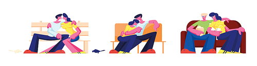 Couple Hug Sitting on Couch at Home, Bench in Park and Sofa in Cinema. Romantic Relations, Love and Dating Spare Time. Loving Characters Leisure, Man Embrace Woman. Cartoon People Vector Illustration
