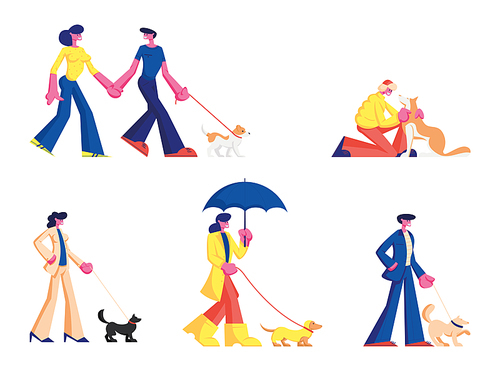 Set People Spending Time with Pets Outdoors. Male and Female Characters Walking and Playing with Dogs, Relaxing Open Air, Leisure, Communication Love, Care of Animals. Cartoon Flat Vector Illustration