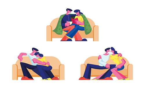 Set of Young Loving Couple Characters Spend Time at Home Sitting on Couch Chatting, Drinking Tea, Reading Book on Weekend. Love Flirting Sparetime, Family Relations. Cartoon People Vector Illustration