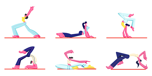 Set of People Workout. Young Athletic Man and Women Wearing Sports Clothing Doing Gymnastic, Fitness and Yoga Exercises on Mats. Healthy Lifestyle Activity, Sport Cartoon Flat Vector Illustration