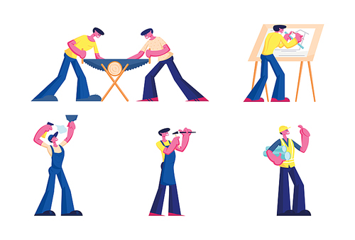 Set Call Master Repair Service, Architect and Builder Characters Job. Professional Workers with Tools and Instruments at Home, Saw Wood. Handyman Husband for Hour. Cartoon People Vector Illustration
