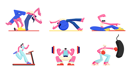 Set of People Engage Fitness, Aerobics Sport Activity. Men Women Healthy Lifestyle, Characters Pilates Workout, Bodybuilding Exercise, Training on Fitball, Treadmill Cartoon Flat Vector Illustration