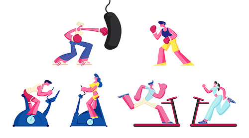 Set of Women and Men Training in Gym on Exercise Bike and Punching Bag. Sports Lifestyle Workout, Cardio Exercising in Fitness Club, Boxing Fight, Biking Sport Hobby Cartoon Flat Vector Illustration