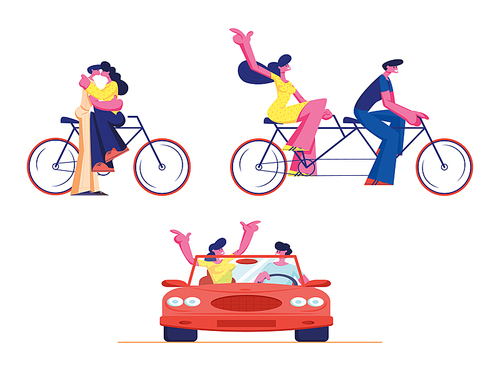 Set Young Loving Couple Ride Tandem Bicycle and Car. Summer Time Vacation Sparetime, Leisure, Romantic Voyage. Love Relations. Male Female Characters Cycling Bike. Cartoon People Vector Illustration