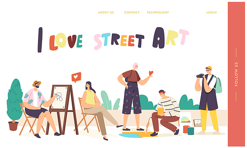 Street Artist Characters Work Landing Page Template. Man Painting Portrait of Girl Sitting in Front of Easel. Painter Drawing on Asphalt. Outdoor Creative Hobby Art. Cartoon People Vector Illustration