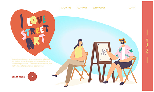 Painter Creative Hobby, Art Landing Page Template. Street Artist Character Painting Portrait of Girl Sitting Front of Easel. Painter Holding Brush, Woman Posing. Cartoon People Vector Illustration