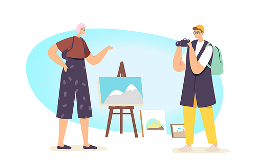 Tourist Characters Enjoying Street Art Making Photo of Beautiful Picture of Mountains Stand on Easel. Professional Art, Painting Occupation, Hobby, People Buy Souvenirs. Cartoon Vector Illustration