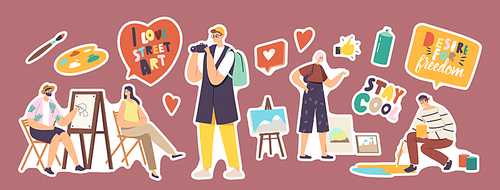 Set of Stickers Street Artist Theme. Man Painting Portrait of Girl Sitting in Front of Easel. Painter Holding Brush, Drawing on Asphalt. Outdoor Creative Hobby, Art. Cartoon People Vector Illustration