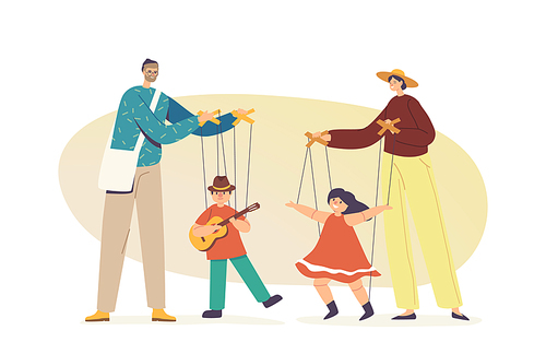 Street Artists Puppeteer Characters Performing Puppet Show with Marionette Dolls Hanging on Ropes. Outdoor Concert, Masters Manipulate Toys Dancing on Strings. Cartoon People Vector Illustration