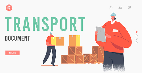 Transport Document Landing Page Template. Storehouse Distribution. Inventory Manager Characters Accounting Goods in Warehouse. Store or Stock Production Assortment. Cartoon People Vector Illustration
