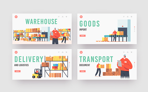 Warehouse Landing Page Template Set. Workers Characters Loading, Stacking Goods in Store. Accounting and Packing Cargo on Belt. Industrial Logistics, Merchandising. Cartoon People Vector Illustration
