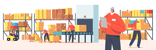 Warehouse Workers Characters Loading, Stacking Goods use Lifters and Forklift. Accounting and Packing Cargo on Conveyor Belt. Industrial Logistics, Merchandising. Cartoon People Vector Illustration