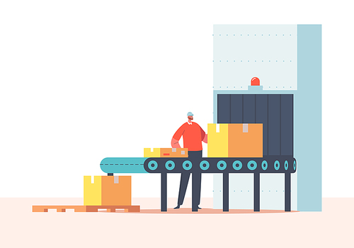 Worker Character Packing Cargo on Conveyor Belt with Cardboard Boxes. Factory, Plant, Warehouse with Automated Production Line. Parcels, Goods, Product in Carton Packages. Cartoon Vector Illustration