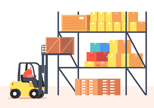 Worker Lifting Cargo on Forklift Machine in Warehouse. Freight Shipping and Logistics. Employee Characters in Uniform and Helmet Deliver Goods or Parcels to Storehouse. Cartoon Vector Illustration