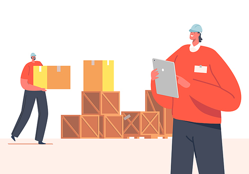 Storehouse Distribution Concept. Inventory Manager Character Accounting Goods Lying in Carton Boxes in Warehouse. Post Office, Store or Stock Production Assortment. Cartoon People Vector Illustration