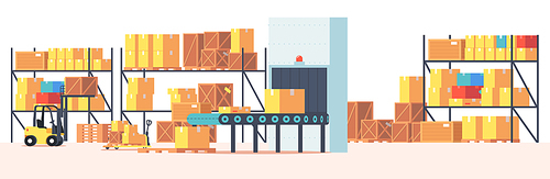 Warehouse Interior with Cardboard Boxes on Racks, Conveyor Belt and Forklift Machine. Robotic Storehouse with Goods, Cargo and Parcels. Automated Loader in Storage Room. Cartoon Vector Illustration