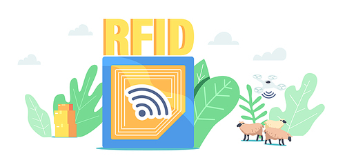 Tracking System Concept. Rfid, Radio Frequency Identification Tag Technology. Delivery Electromagnetic Track and Reader for Logistic Cargo and Freight, Drone and Sheep. Cartoon Vector Illustration