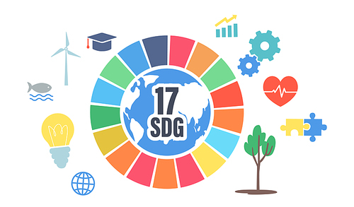 Sustainable Development Goals Ecological Concept. Green Energy, Saving Planet, Growing Plants, Light Bulb, Windmill, Puzzle, Heart, Chart and Gears 17 SDG Colorful Wheel. Cartoon Vector Illustration