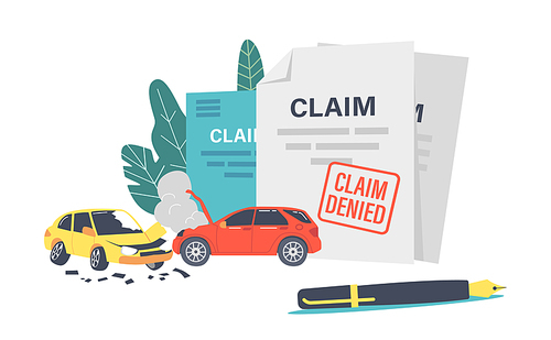 Claim Denied Concept. Rejected Insurance for Car Accident. Agents Policy Paper with Red Denied Stamp, Quill Pen, Finance Document to Get Money for Broken Automobiles. Cartoon Vector Illustration