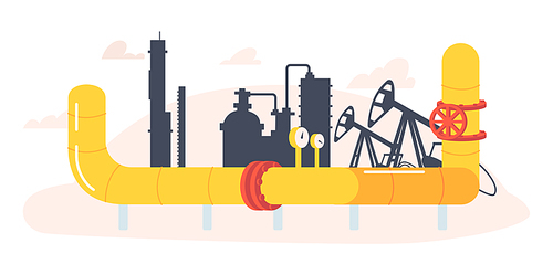 Chemical or Refinery Plant Pipeline. Industrial Factory with Oil or Petroleum Barrels and Tubes, Oil Industry Production Extraction Infrastructure, Manufacturing Object. Cartoon Vector Illustration