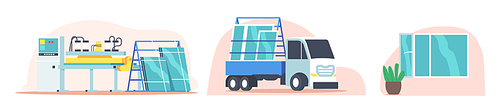 Plastic Window, Pvc Producing, Delivery and Installation. Installing Service, Remodeling, Repair and Renovation Work. Machine and Tools for Glass Producing, Delivery Truck. Cartoon Vector Illustration