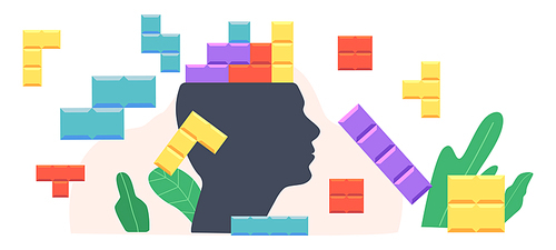 Psychology Science Concept with Colorful Puzzle Pieces on Huge Human Head. Mental Health and Sick Mind Treatment, Emotional Disorder Psychological Support and Assistance. Cartoon Vector Illustration