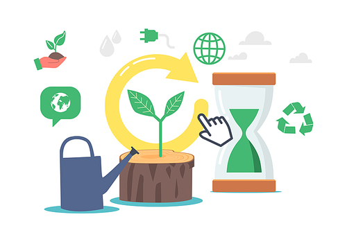 Refresh and Renew Concept, Restart Project with New Vision or Rework Strategy. Renew Life Goal and Direction. Watering Can near Stump with Green Sprout, Hourglass. Cartoon Vector Illustration