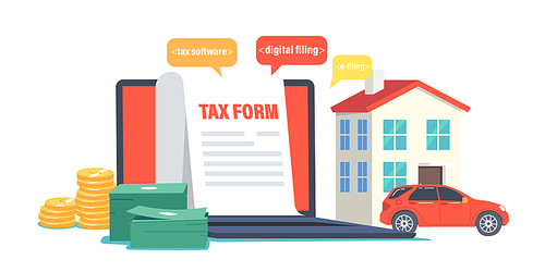 Online Tax Payment Concept. Application for Tax Form on Laptop Screen, Real Estate House, Car and Money. Taxation Submitting System, Software for Payment, E-filling. Cartoon Vector Illustration