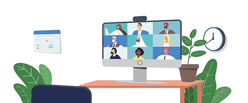 Workers Webcam Group Conference with Coworkers on Pc Screen. Business Characters, Office Employees Speak on Video Call with Remote Colleagues on Online Briefing. Cartoon People Vector Illustration