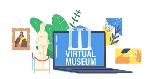 Virtual Museum, Interactive Exhibition Concept. Home Leisure Internet Technology, Virtual Education and Entertainment. Laptop Screen with World Museum and Exhibits Online. Cartoon Vector Illustration