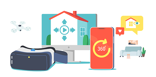 Real Estate Virtual Tour Concept. Remote Apartment Showing Service for Buying or Rent. Smartphone with 360 Degree View Application, Drone, House on Pc Screen, Vr Glasses. Cartoon Vector Illustration