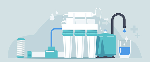 Water Filter, Reverse Osmosis Natural Fresh Aqua Purification System. Isolated Undersink House Water Filter, Purity, Mineral Filtration, Granular Activated Carbon Blocks. Cartoon Vector Illustration