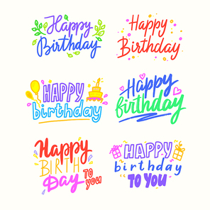Happy Birthday Cartoon Lettering, Colorful Phrases for Greeting Card with Balloons, Cakes and Gift Boxes. Holiday Congratulation, Typographic Phrases Design Elements. Cartoon Vector Illustration