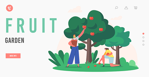 Fruit Garden Landing Page Template. Women Harvesting Apples to Basket. Female Gardener Characters Collecting Apples from Tree in Orchard, Autumnal Crop, Agriculture. Cartoon Flat Vector Illustration