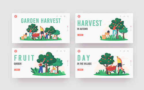 Garden Harvest Landing Page Template Set. Characters Harvesting Apples in Orchard, Gardeners Collecting Fruit Crop, Ecological Farm Production. Agriculture Works. Cartoon People Vector Illustration
