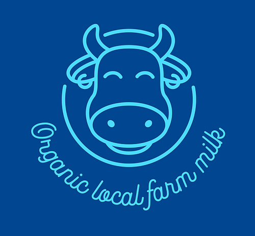 Organic Local Farm Milk Outline Icon with Cow Head on Blue Background. Raw Healthy Food Badge, Tag for Packaging. Bio Drink Sign, Design Template for Banner, Flyer or Brochure. Vector Illustration