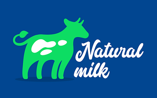 natural milk banner with green cow and typography on blue background. dairy production label, healthy food symbol, icon for package design. bio or  nutrition sign for packaging. vector illustration