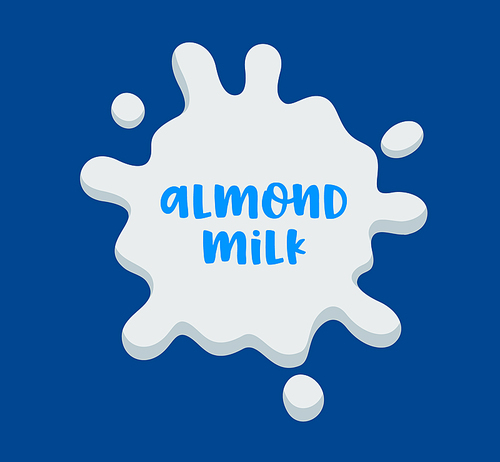 almond milk banner, icon with white splash and typography on blue background. vegetarian food symbol, nut drink concept.  product sign for poster, package or flyer design. vector illustration