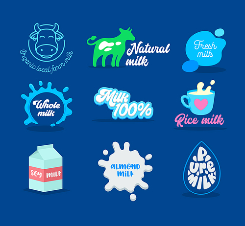 Collection of Dairy and Milk Product Icons with Typography. Fresh Natural Food Emblem Design, Splashes, Cow. Soy Milk Cardboard Package, Cup with Drink Isolated on Blue Background. Vector Illustration