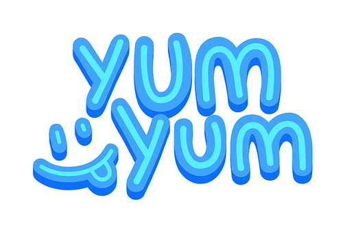 Yum Yum Banner, Icon with Funny Smile and Blue Typography. Creative Text Composition Isolated on White Background. Design Element for Cafe or Restaurant Menu, Social Media Sticker. Vector Illustration